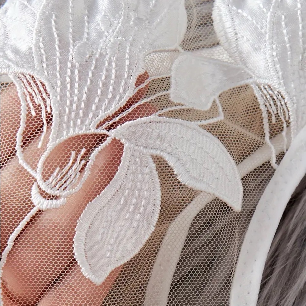 IZA Lotus Ivory Satin Embroidered Over Sheer Mesh Deep V Bustier Bra & Panties - Picture 9 of 15